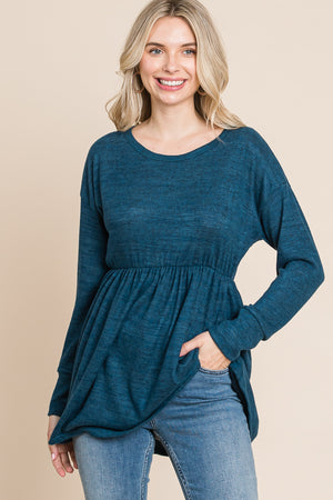 Long sleeve round neck empire waist teal top