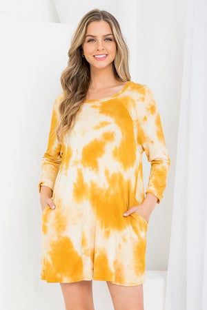 3/4 Sleeve round neck tie dye dress with pockets