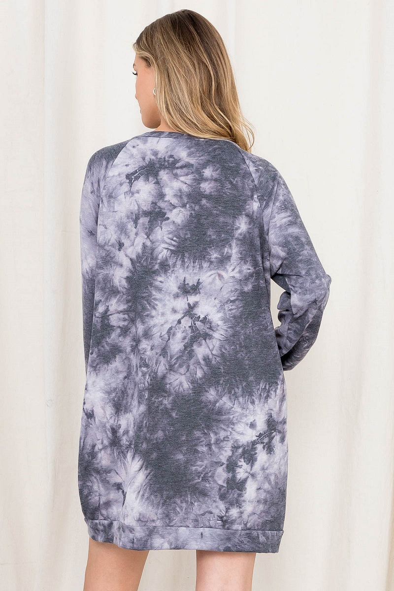 Long Sleeve tie dye sweat shirt dress charcoal with pockets