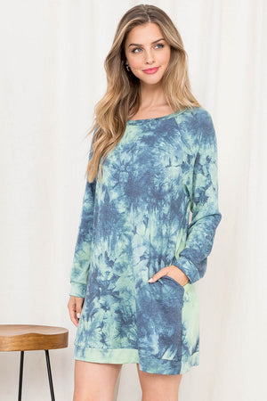 Long Sleeve tie dye sweat shirt dress indigo with pockets