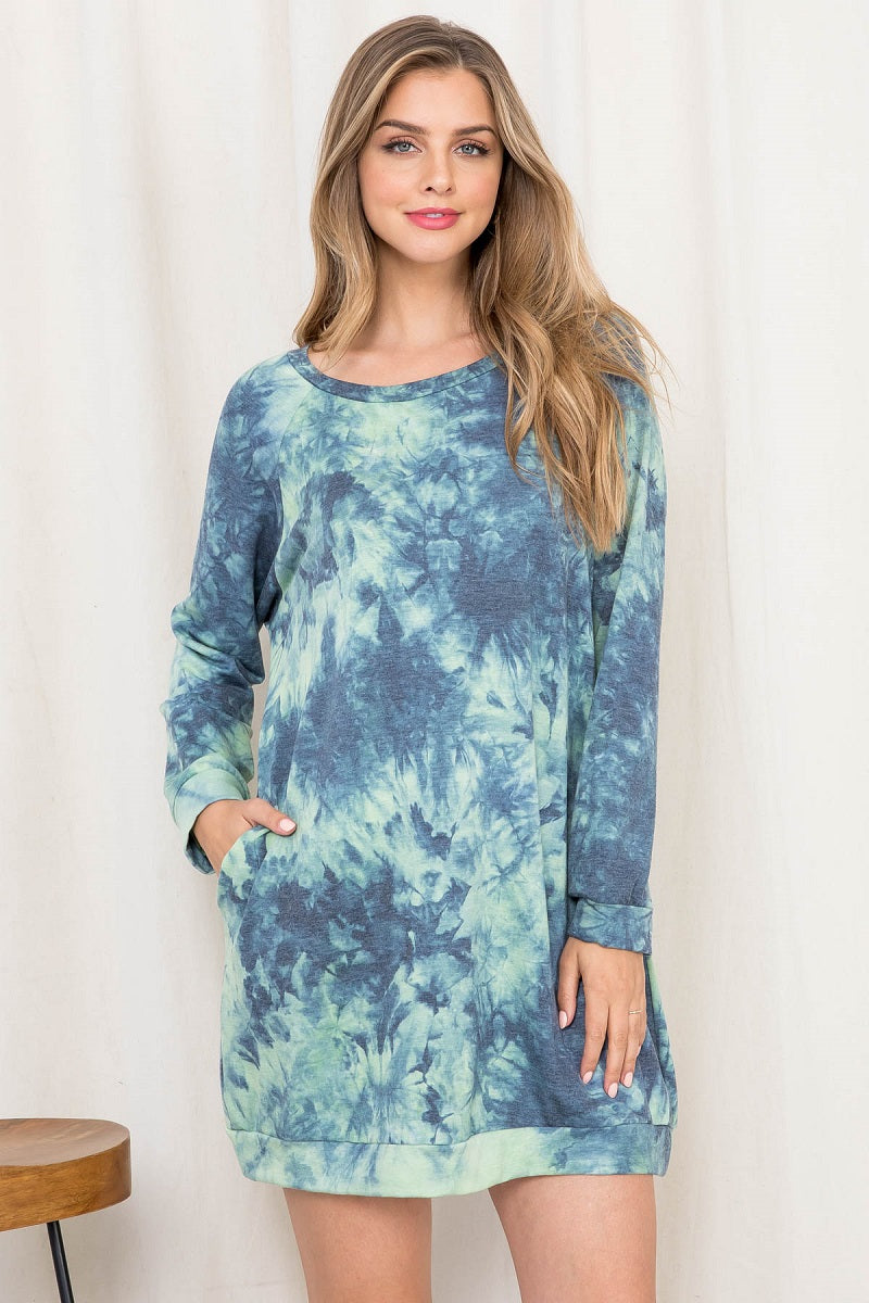 Long Sleeve tie dye sweat shirt dress indigo with pockets