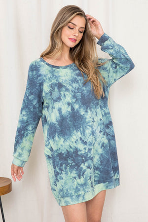 Long Sleeve tie dye sweat shirt dress indigo with pockets