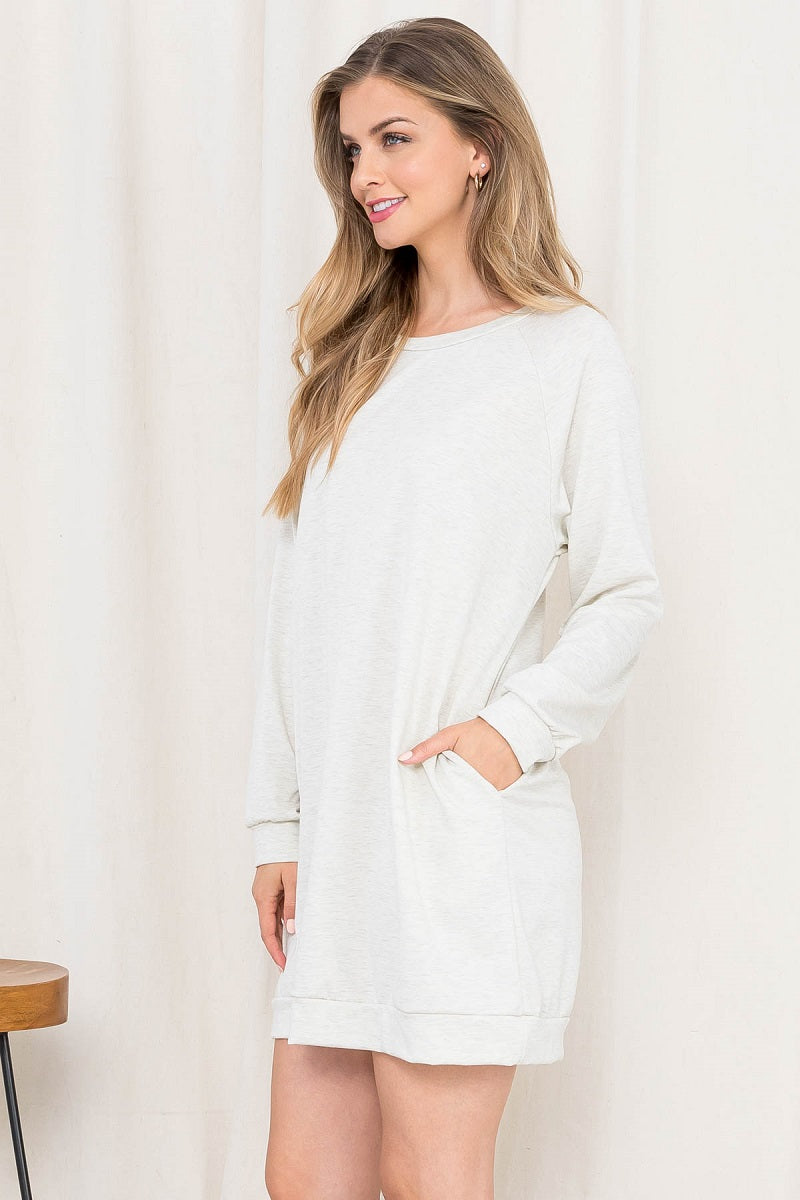 Long Sleeve solid sweat shirt dress oatmeal with pockets