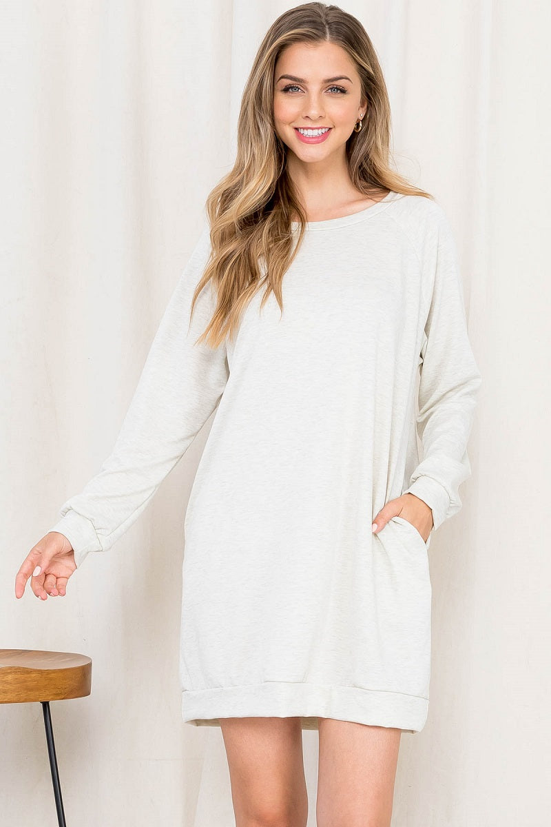 Long Sleeve solid sweat shirt dress oatmeal with pockets