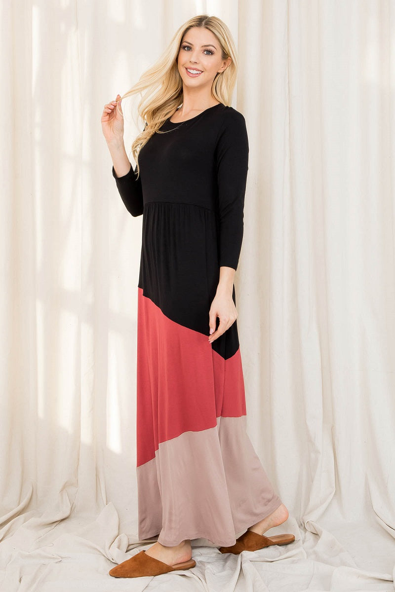 3/4 Sleeve color block maxi dress