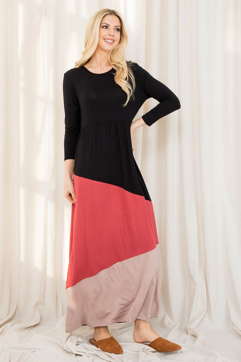 3/4 Sleeve color block maxi dress