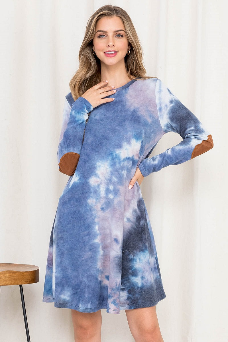 Long sleeve charcoal tie dye patch elbow sweater dress