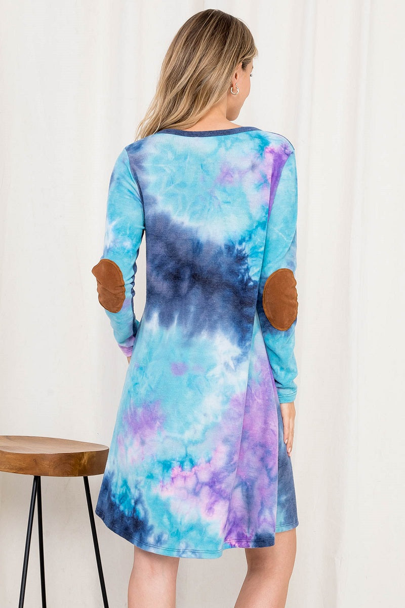 Long sleeve navy tie dye patch elbow sweater dress