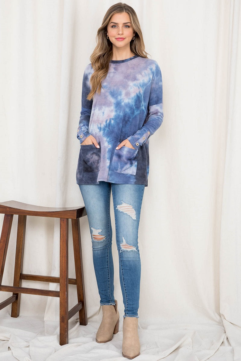 Long sleeve tie dye pocket front top Navy