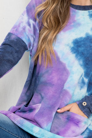 Long sleeve tie dye pocket front top purple