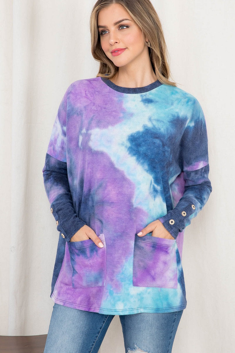 Long sleeve tie dye pocket front top purple