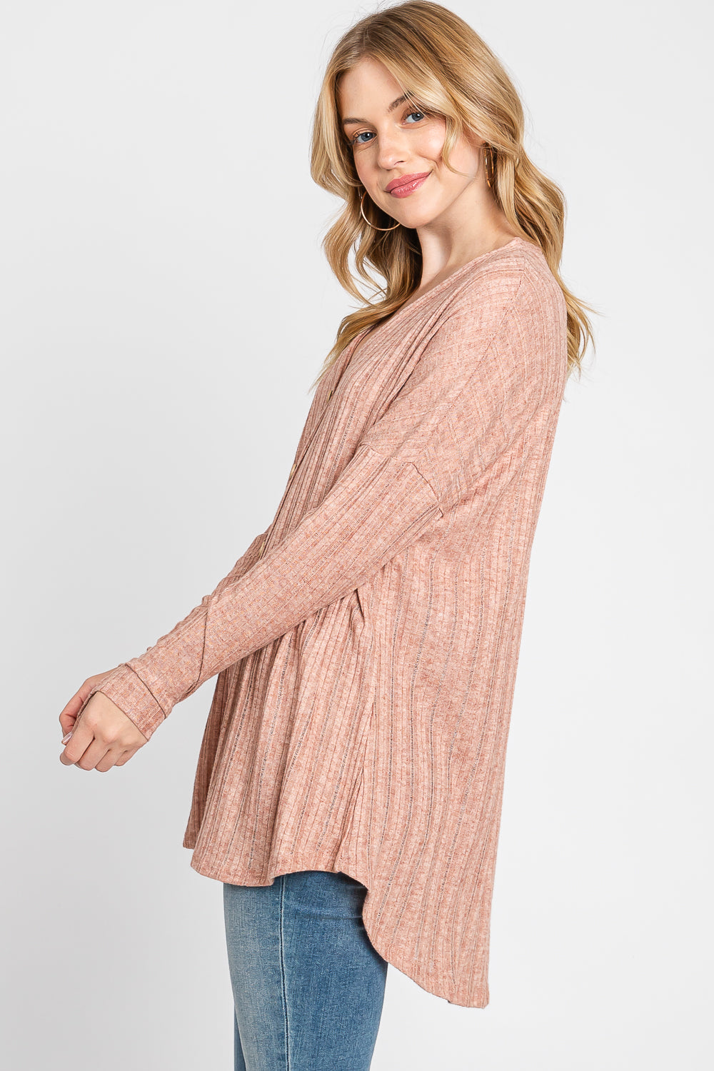 Long sleeve waffle button front top Mauve