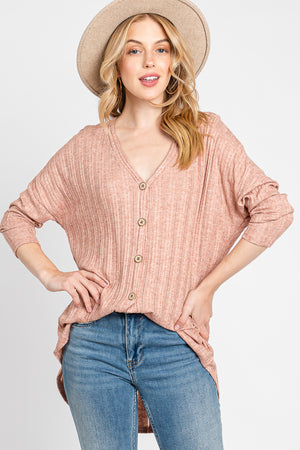 Long sleeve waffle button front top Mauve