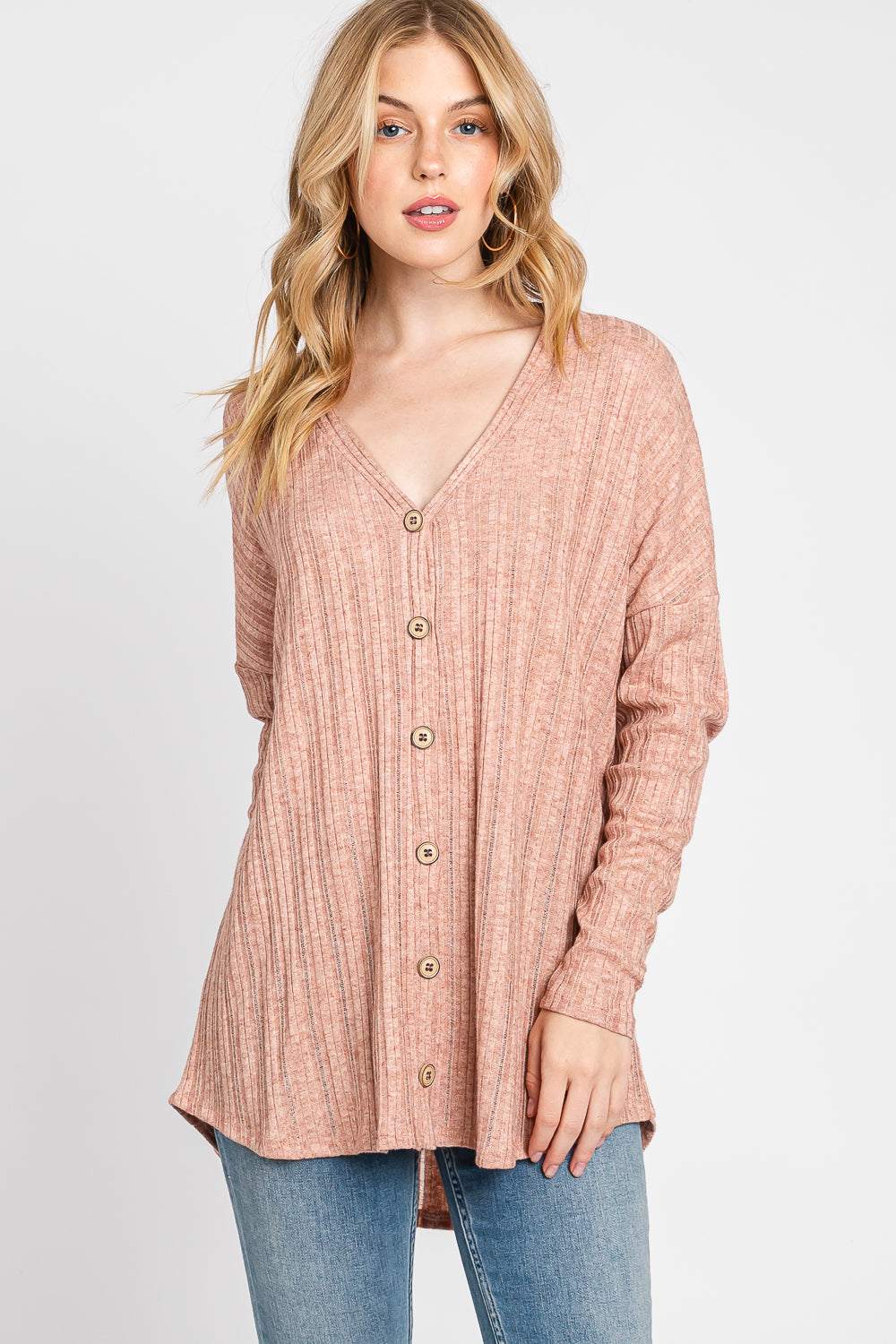 Long sleeve waffle button front top Mauve