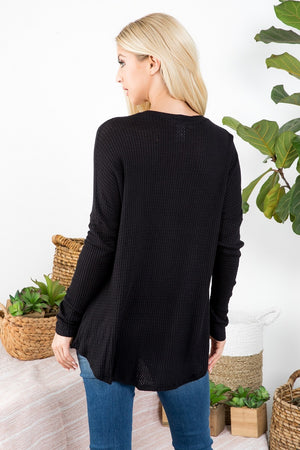 Long sleeve waffle button front top