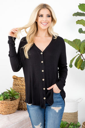 Long sleeve waffle button front top