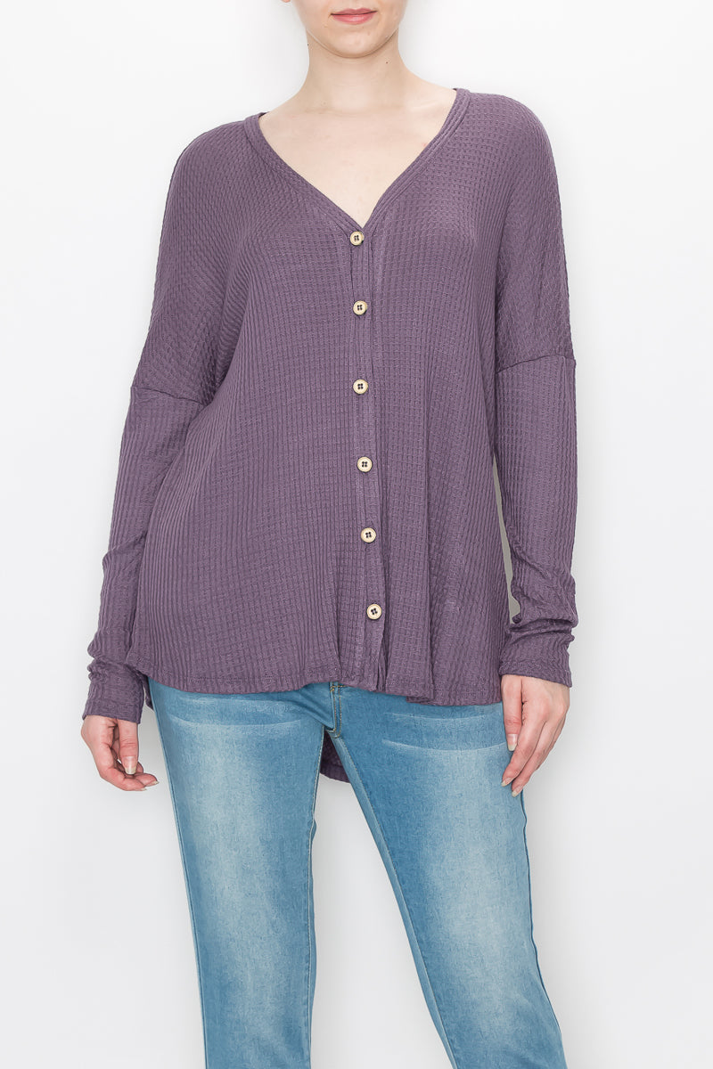 Long sleeve waffle button front top Lilac