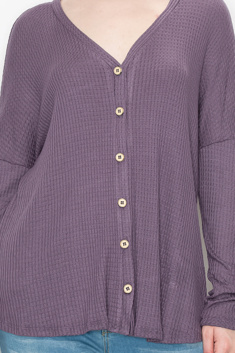 Long sleeve waffle button front top Lilac