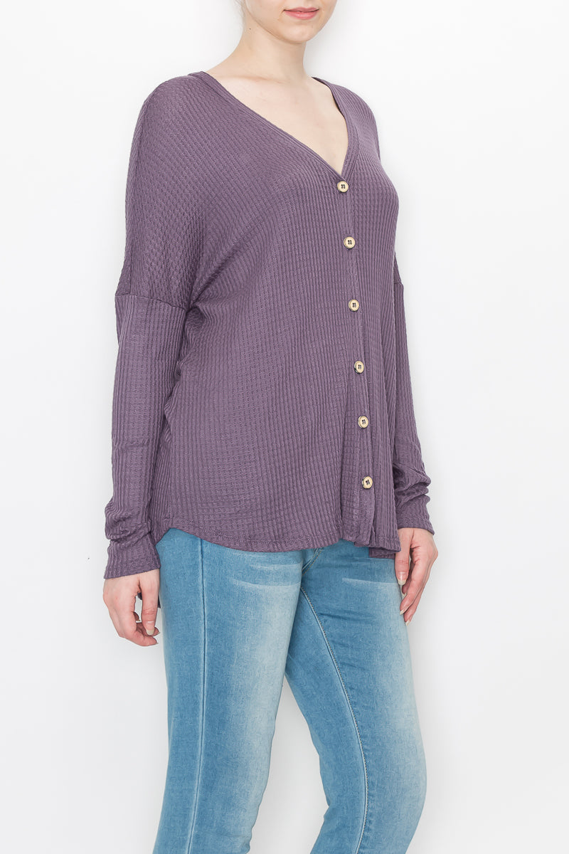 Long sleeve waffle button front top Lilac