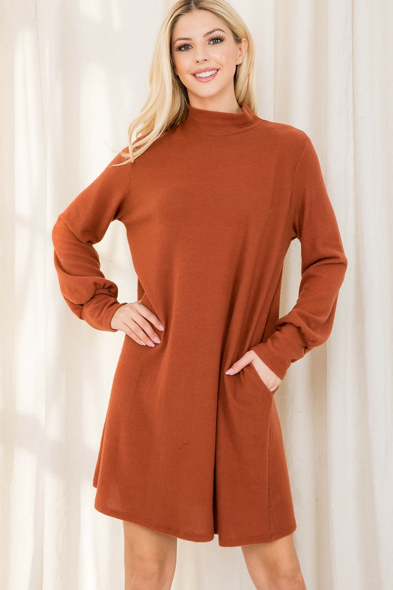 Long sleeve mock neck pocket rust dress