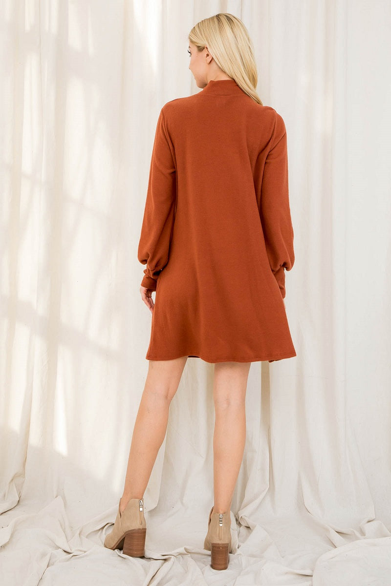 Long sleeve mock neck pocket rust dress