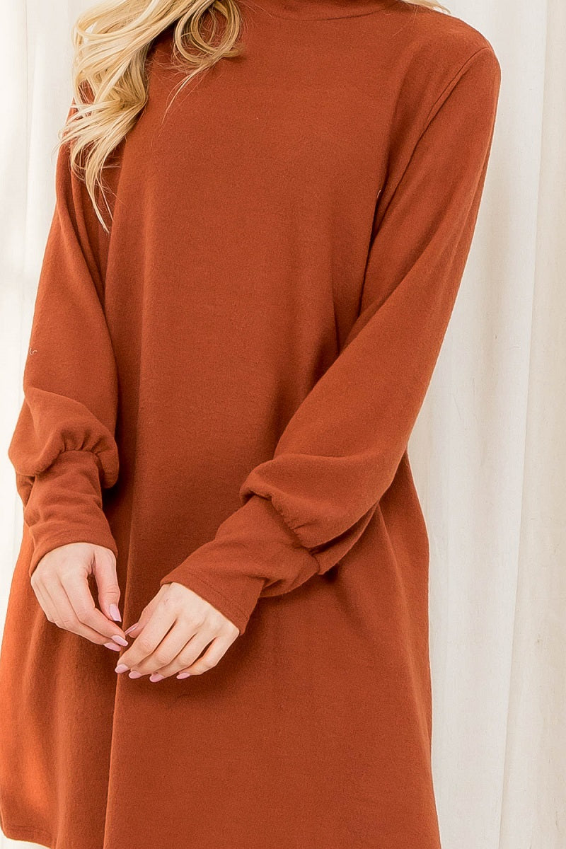 Long sleeve mock neck pocket rust dress