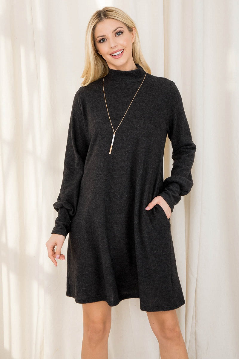 Long sleeve mock neck pocket charcoal dress