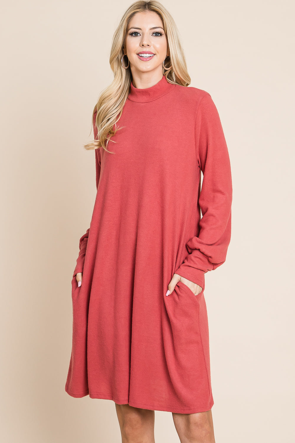 Long sleeve mock neck pocket marsala dress