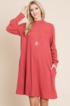 Long sleeve mock neck pocket marsala dress