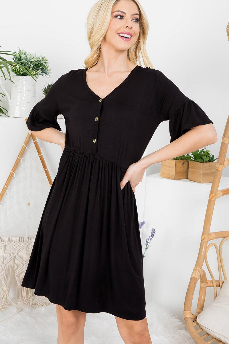 Short sleeve button front midi black dress