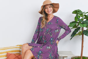 Long sleeve button down paisley print plum dress