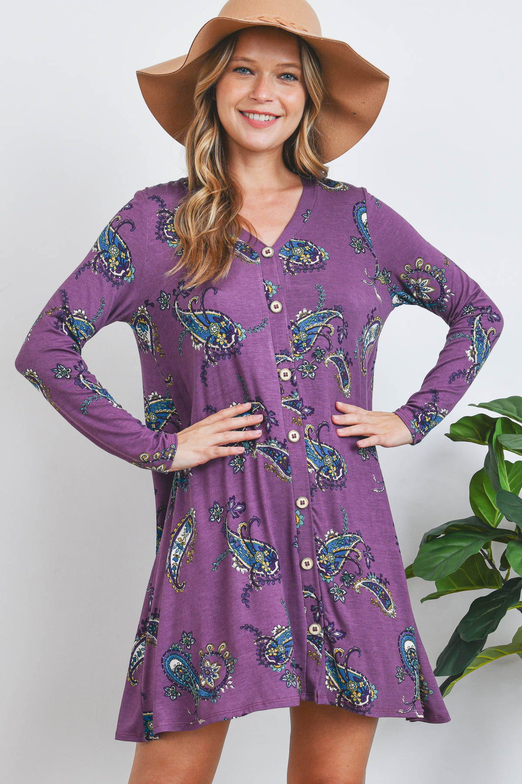 Long sleeve button down paisley print plum dress