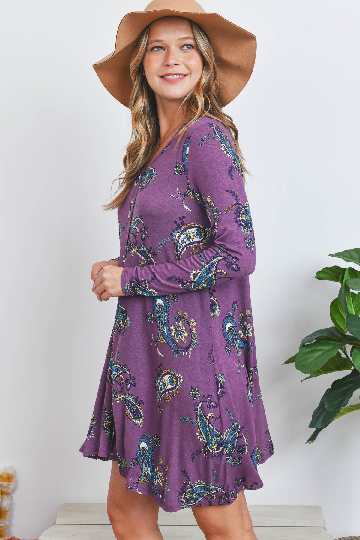 Long sleeve button down paisley print plum dress