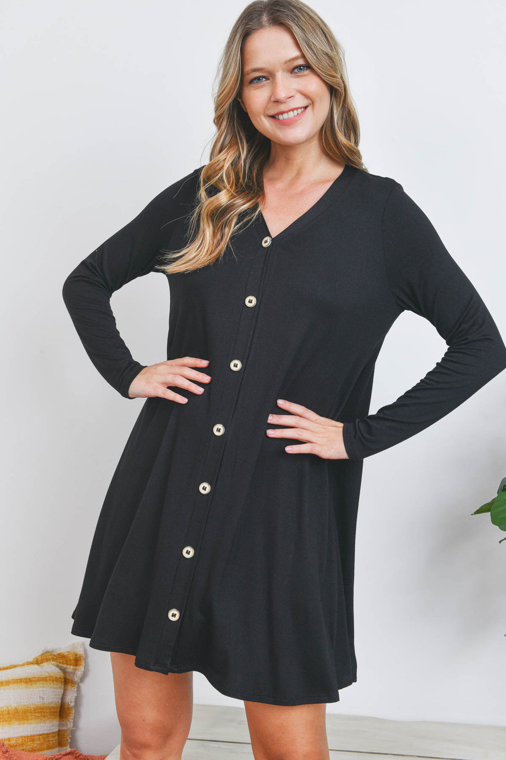 Long Sleeve v neck button down casual black dress