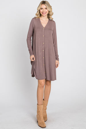 Long Sleeve v neck button down casual mocha dress