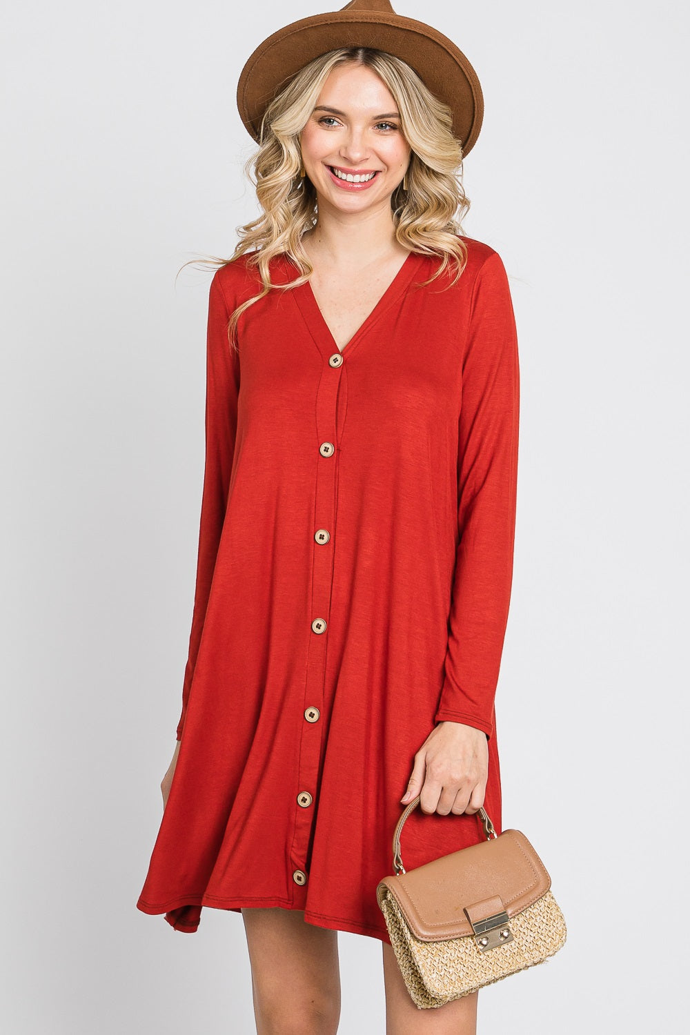 Long Sleeve v neck button down casual rust dress