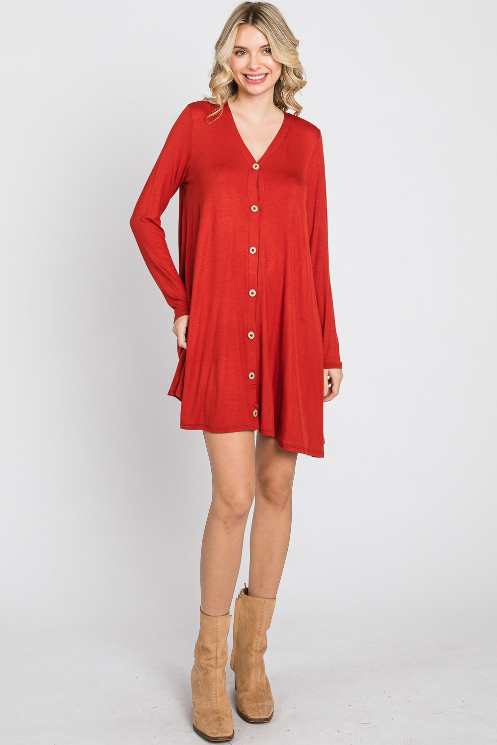 Long Sleeve v neck button down casual rust dress