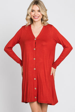 Long Sleeve v neck button down casual rust dress