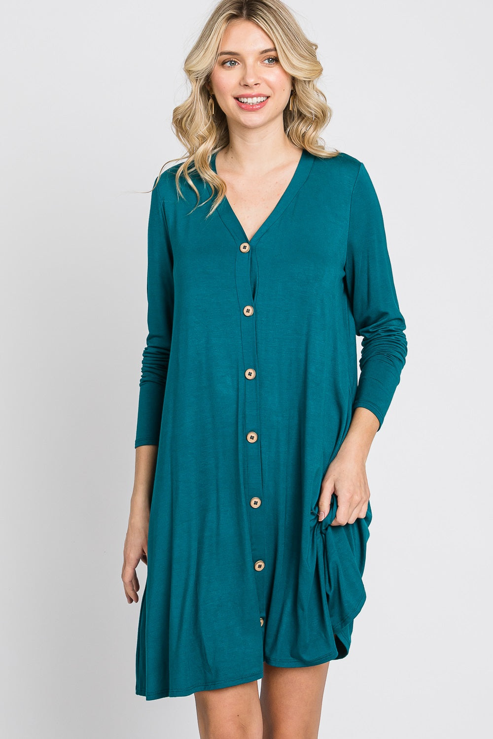 Long Sleeve v neck button down casual teal dress