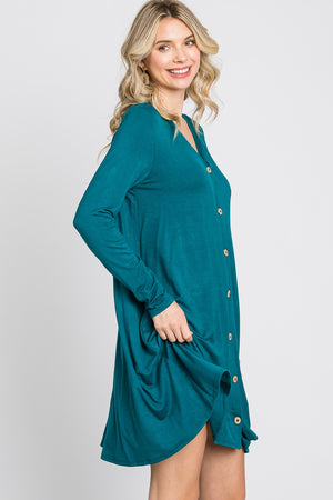 Long Sleeve v neck button down casual teal dress