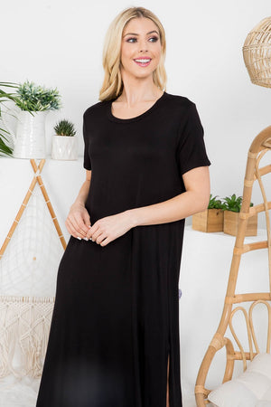 Short sleeve open side crew neck black dress