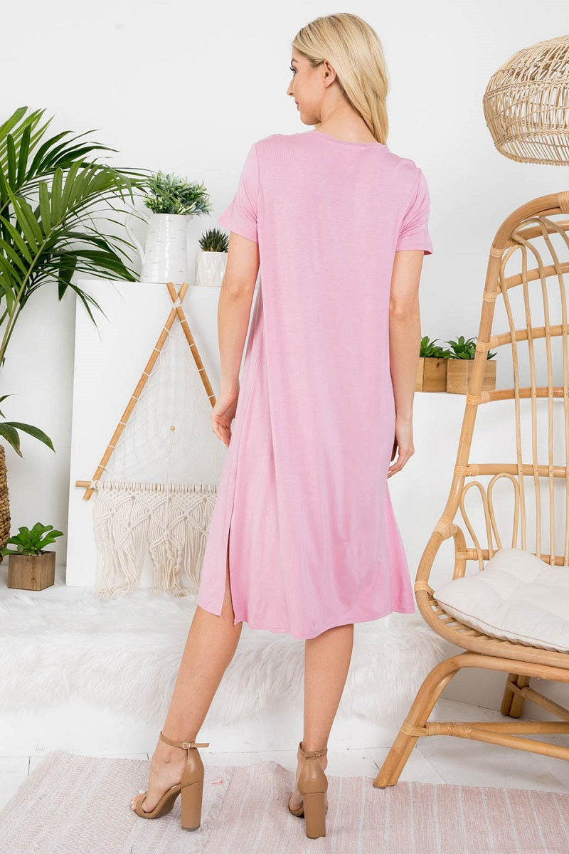 Short sleeve open side crew neck dusty pink dress