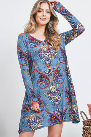 Long sleeve paisley print pocket front dress