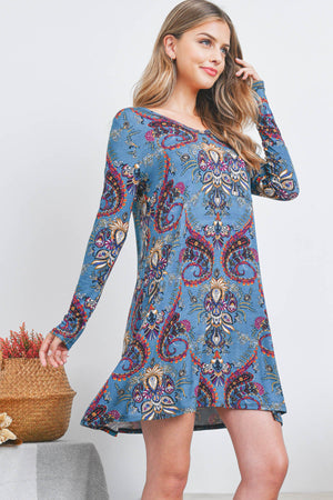 Long sleeve paisley print pocket front dress