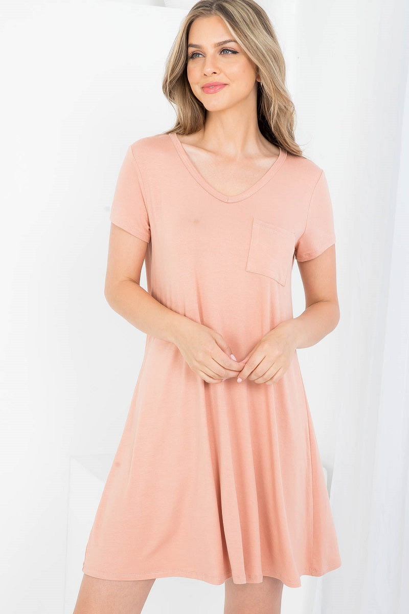 V neck pocket tshirt desert color dress