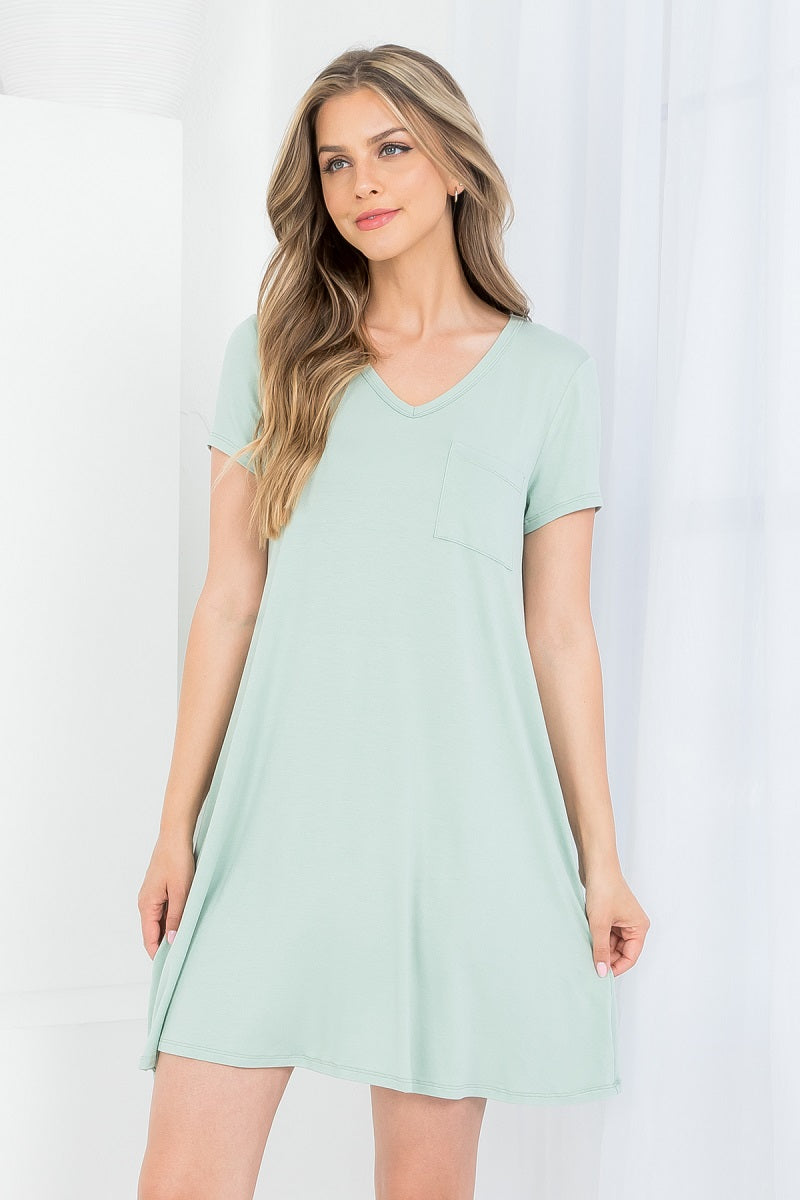 V neck pocket tshirt sage color dress