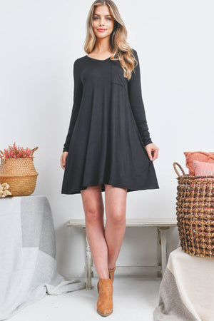 Long sleeve pocket front swing black dress