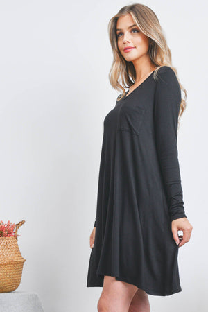 Long sleeve pocket front swing black dress