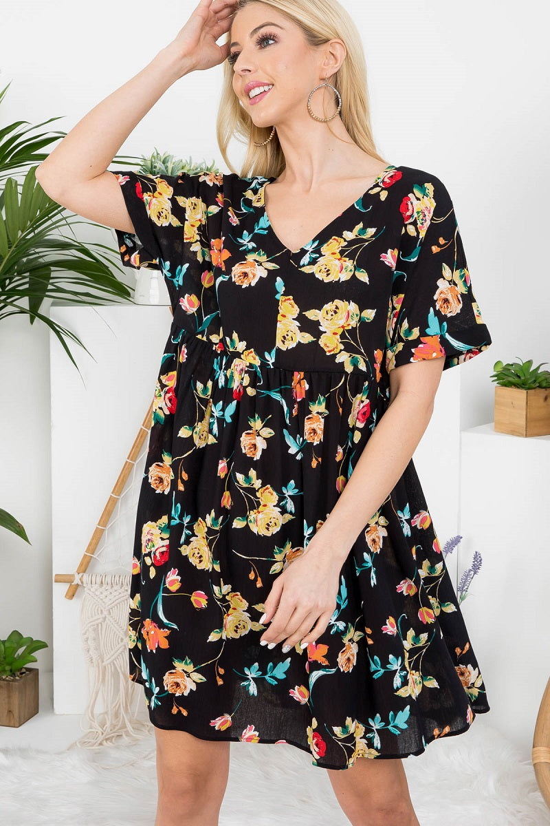 V neck folded short sleeve  black flower print