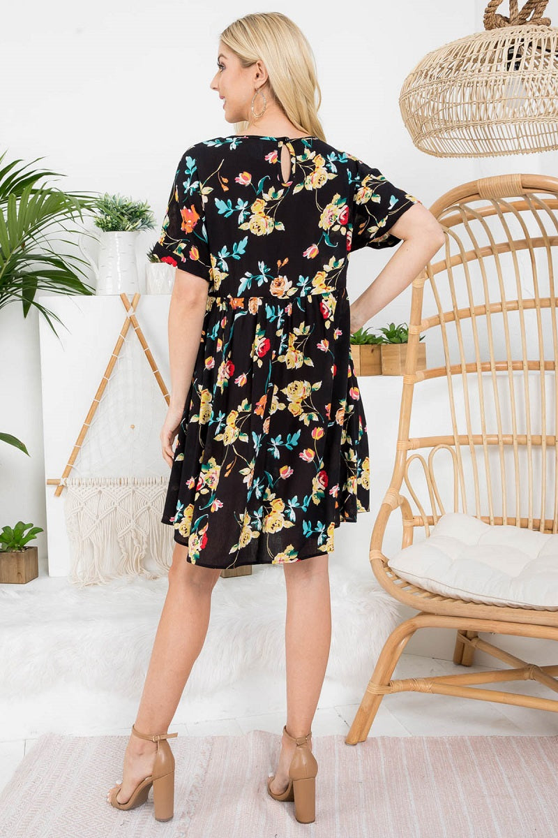 V neck folded short sleeve  black flower print